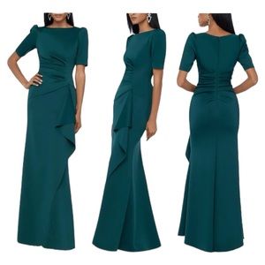 NWOT XSCAPE 1 Side Ruched Ruffle Details Scuba Crepe Gown Green